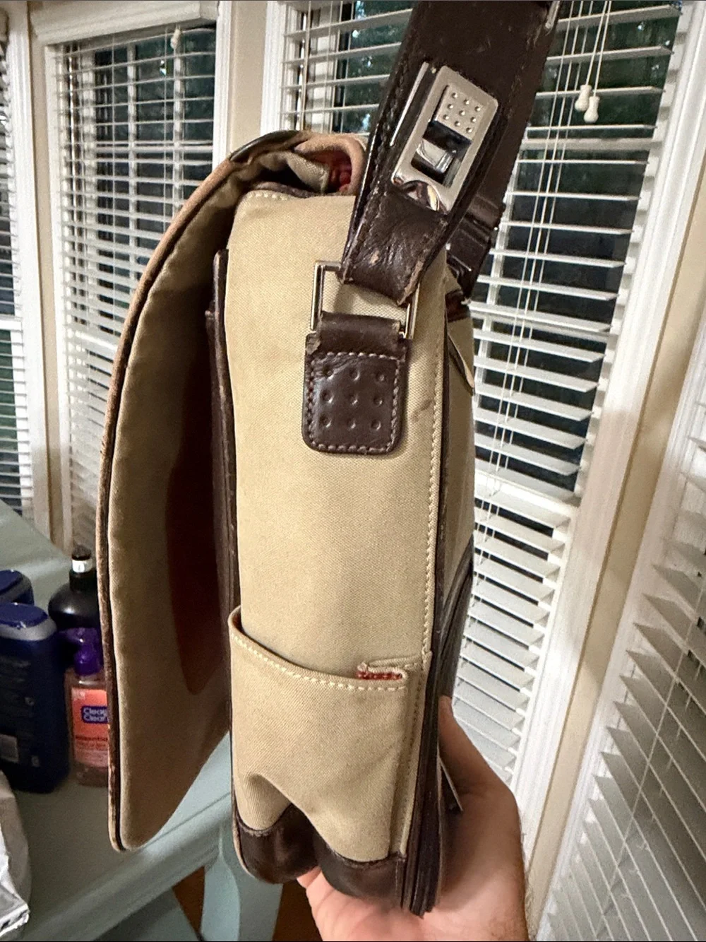 Tumi Beige Canvas Messenger with Brown Leather Trim